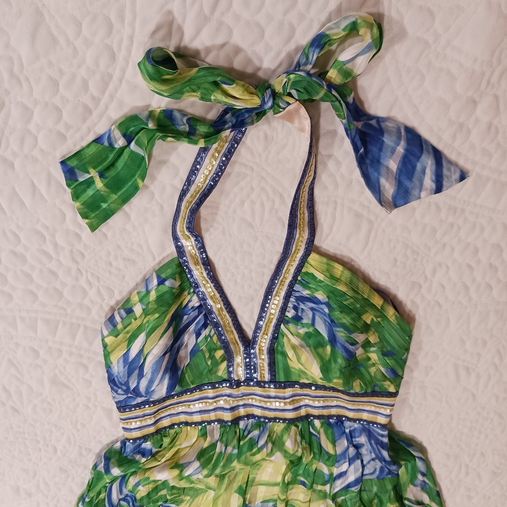 BCBGMaxAzria Silk Halter Maxi Dress Gown Palm Print Sequin - Picture 4 of 13